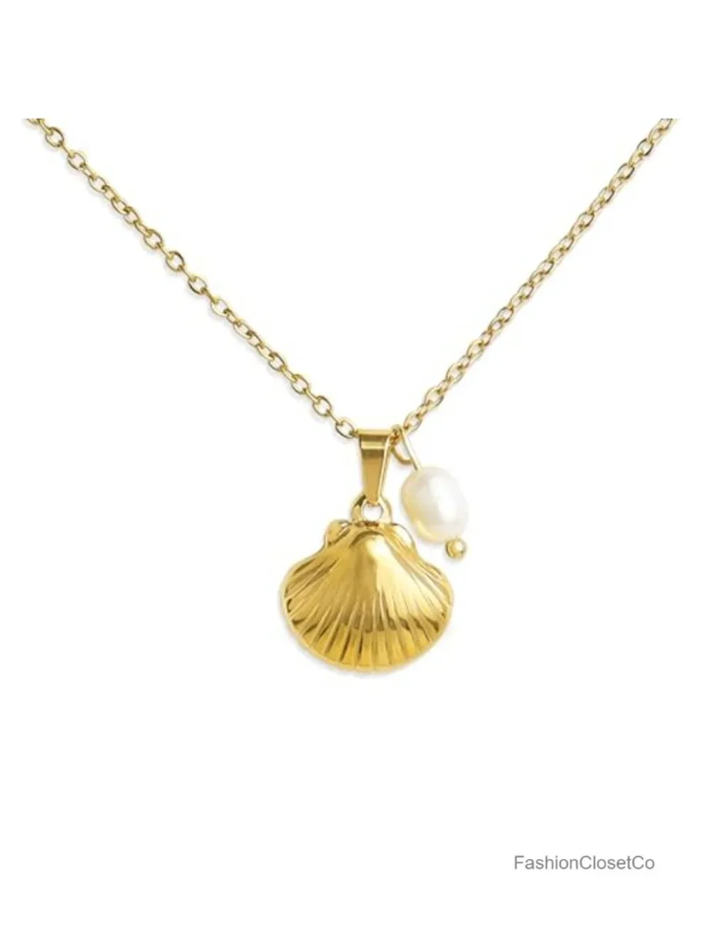 18k Gold Plated Seashell Pendant Necklace with Freshwater Pearl, Dainty Chain